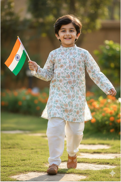 Tricolour hand block printed kurta pyjama set
