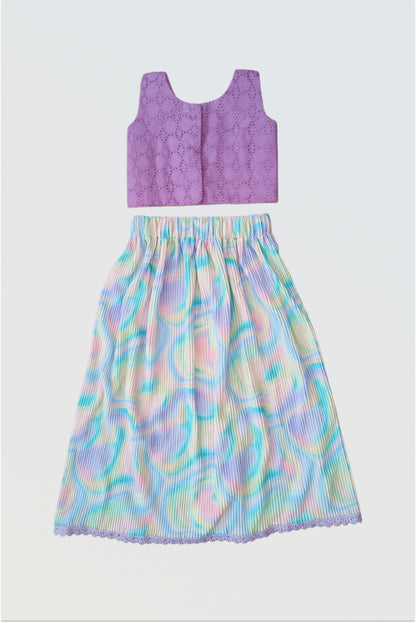 Back view of accordion pleated colourful holi lehanga set showing pleated skirt detail 