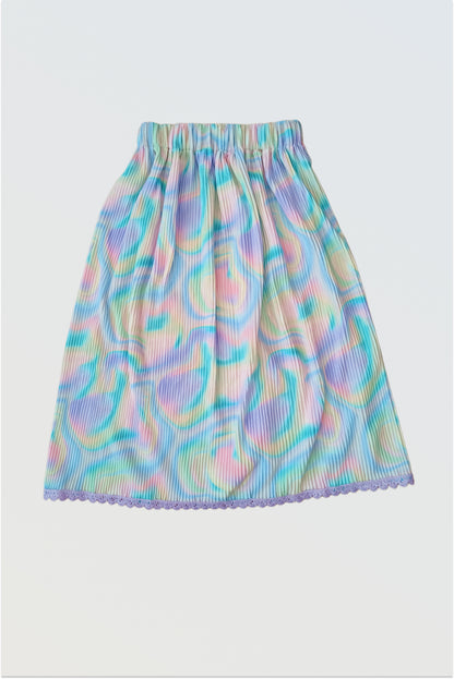 Accordion pleated colourful holi lehanga skirt showing permanent pleats and crocheted lace hem