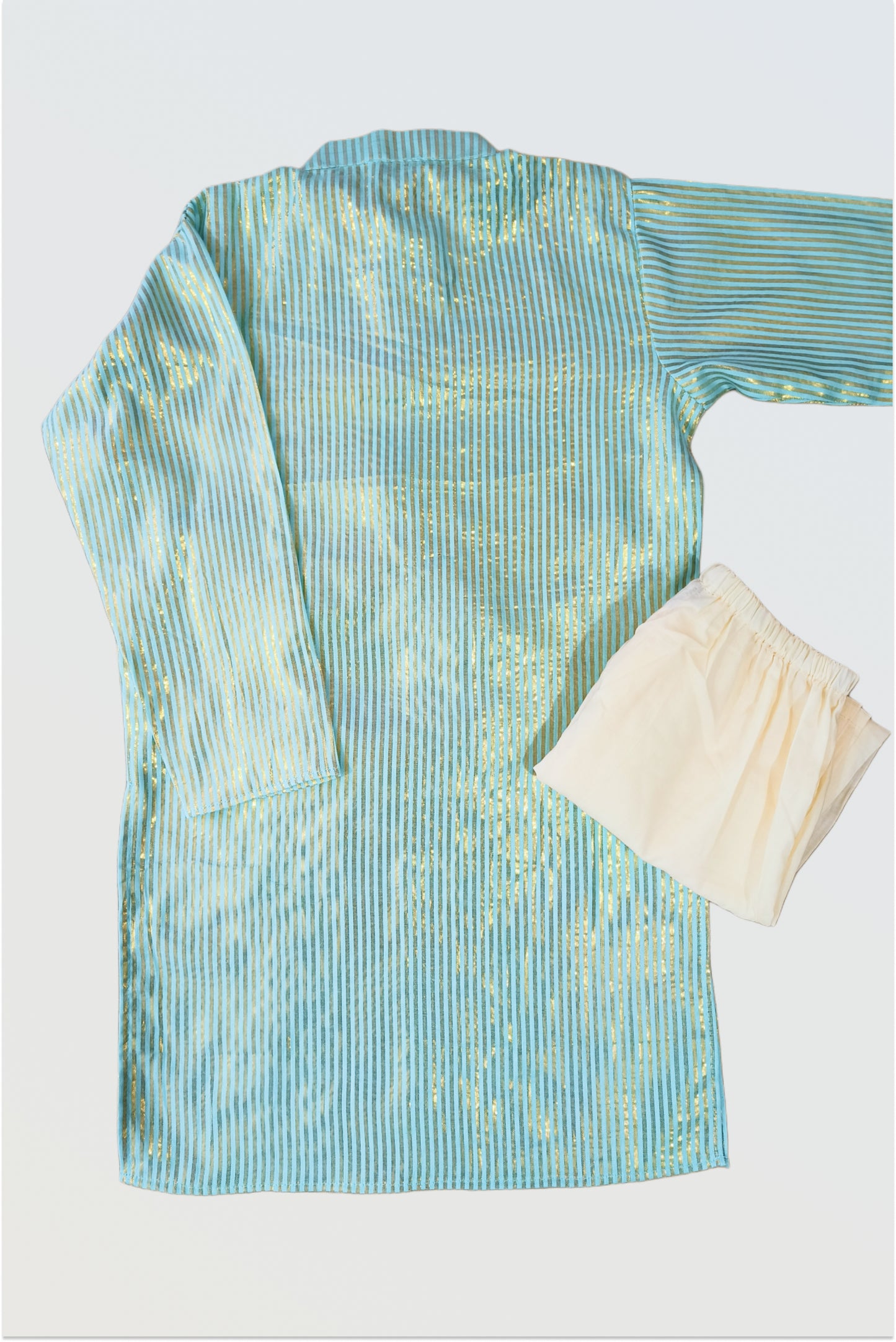 Back view of aqua shine kurta pyjama set showing golden stripes and hook closure