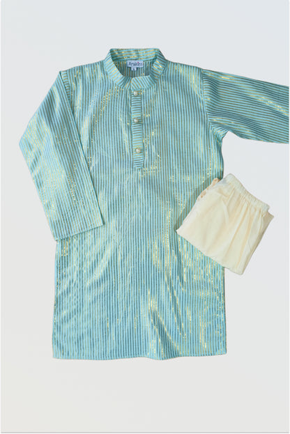 Aqua shine kurta pyjama set flat lay showing tiffany blue kurta with golden stripes and off-white pyjamas