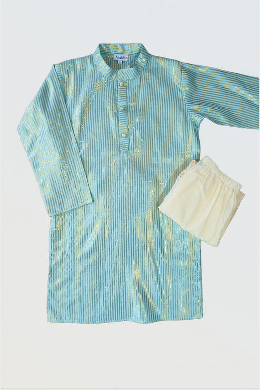 Aqua shine kurta pyjama set flat lay showing tiffany blue kurta with golden stripes and off-white pyjamas