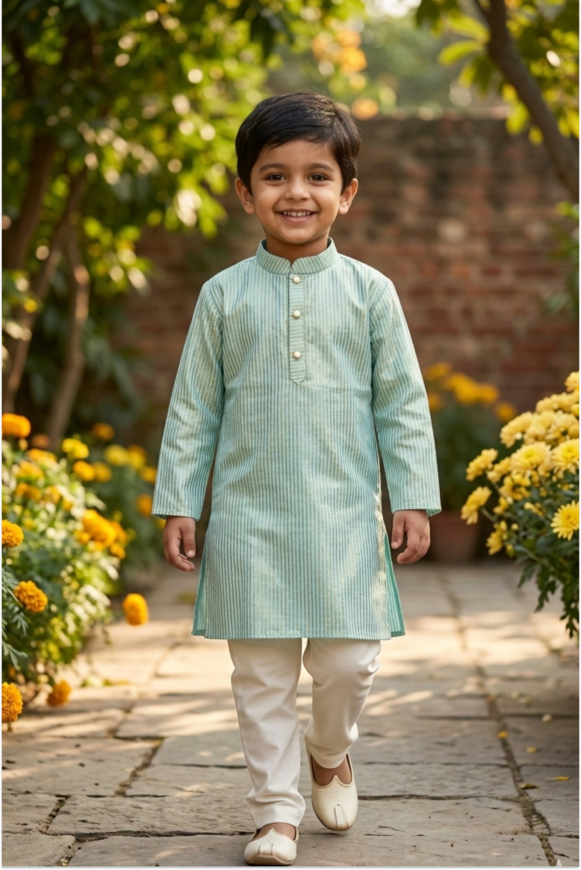 Aqua blue kurta pyjama set for indian ethnic wear for indian festivals with golden stripes and off-white pyjamas