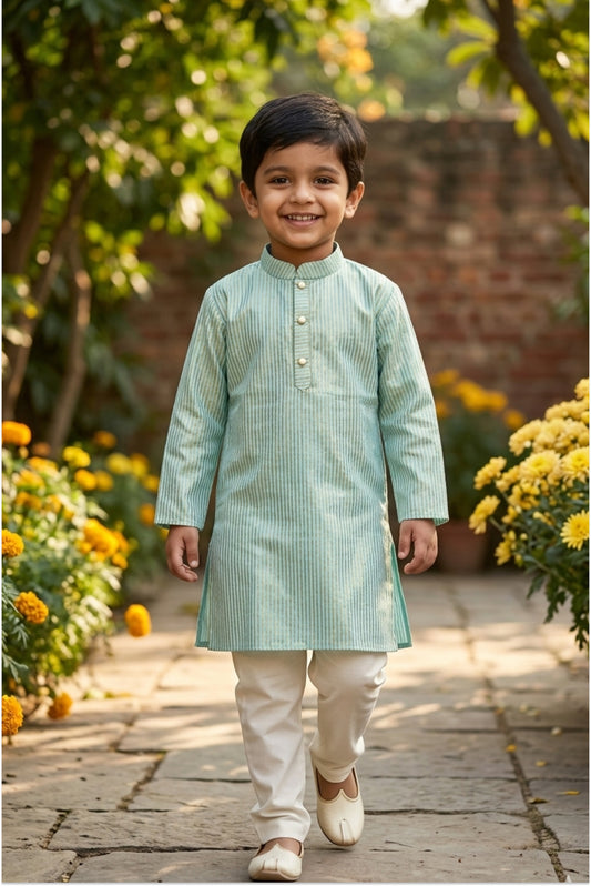Aqua blue kurta pyjama set for indian ethnic wear for indian festivals with golden stripes and off-white pyjamas