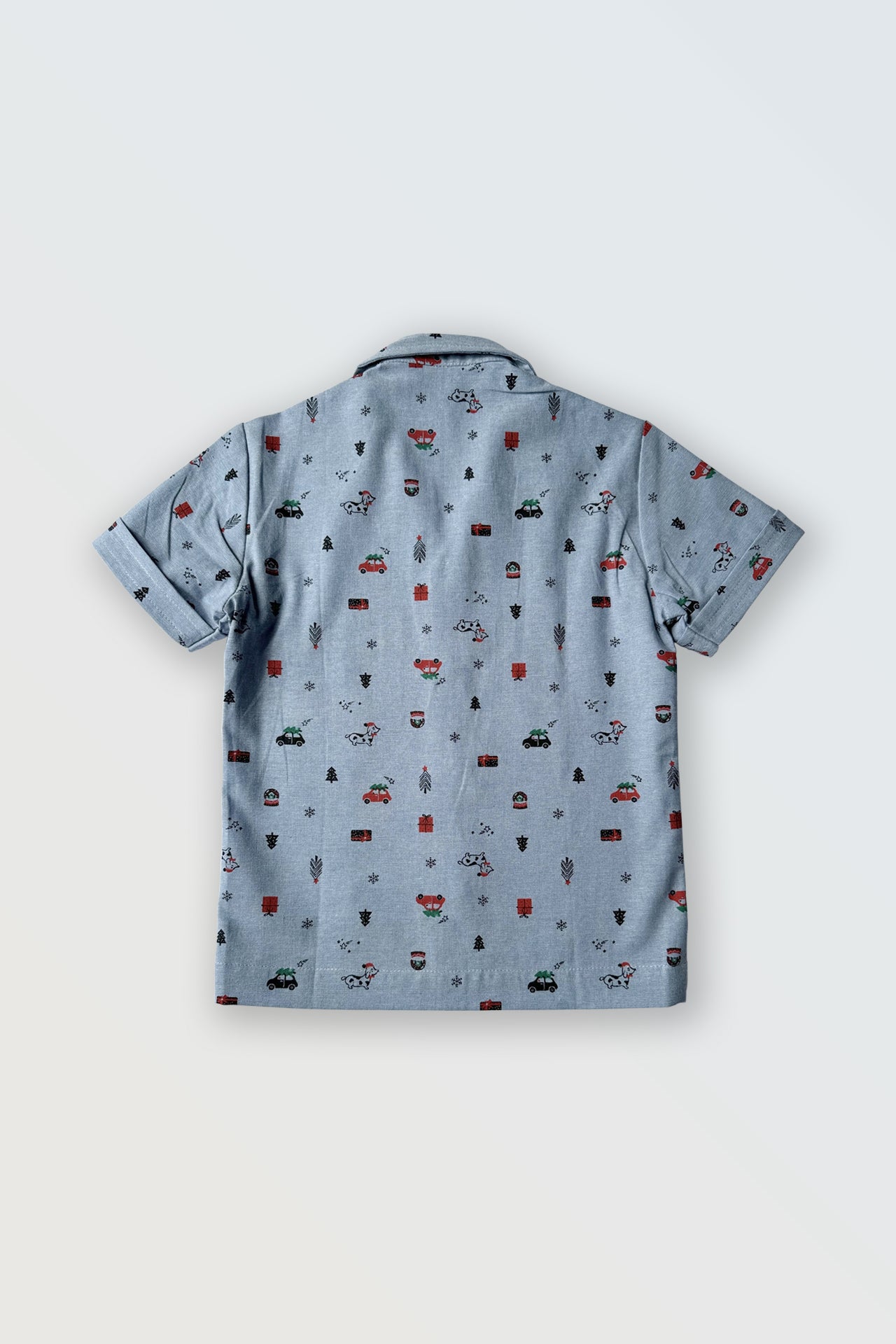 Blue collared shirt for boys back view showing cotton fabric