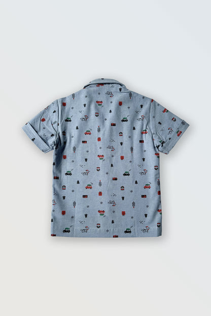 Blue collared shirt for boys back view showing cotton fabric