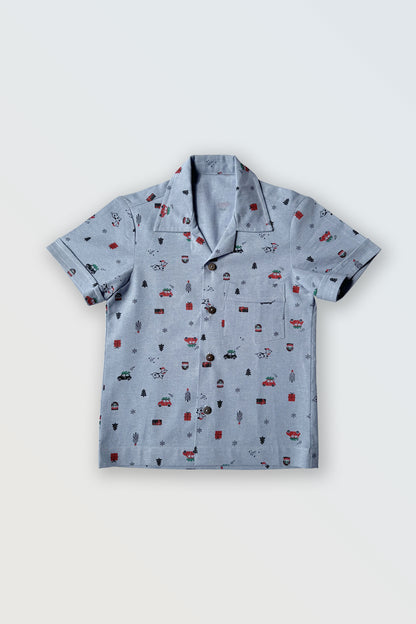 Blue collared button front shirt for boys front view - summer casual wear