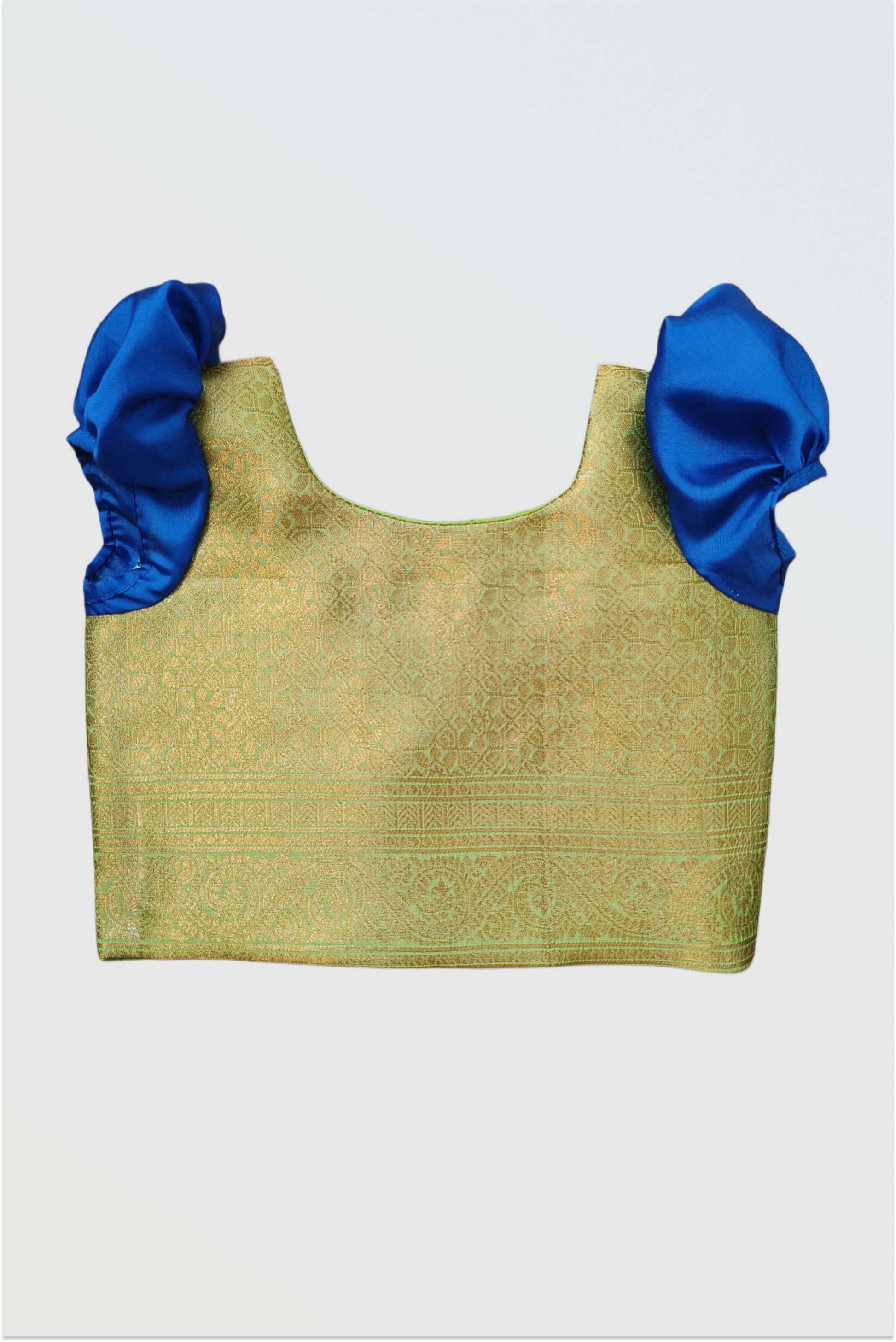 Close up of blue art silk blouse showing fabric sheen and short sleeve detail