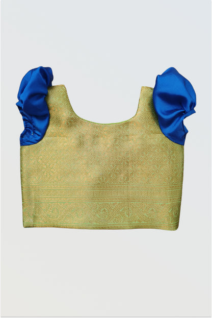 Close up of blue art silk blouse showing fabric sheen and short sleeve detail