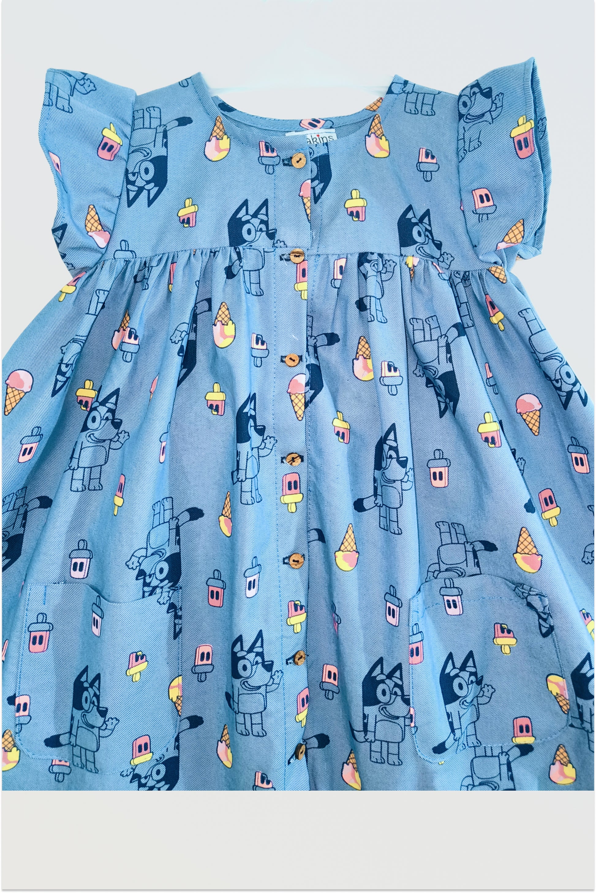 Bluey denim dress showing character print and button-front closure detail