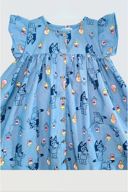 Bluey denim dress showing character print and button-front closure detail