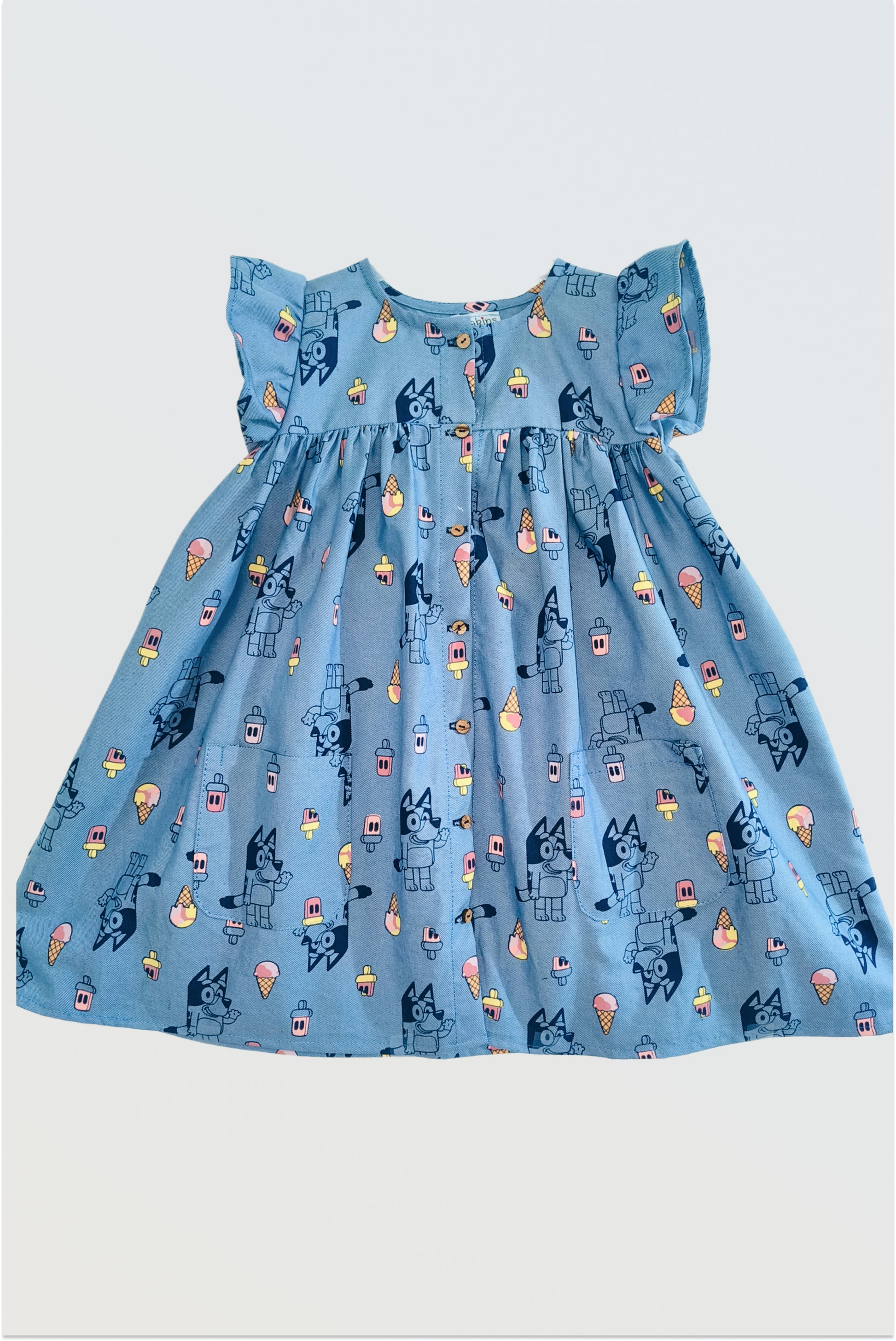 Bluey denim dress showing character print and button-front closure detail