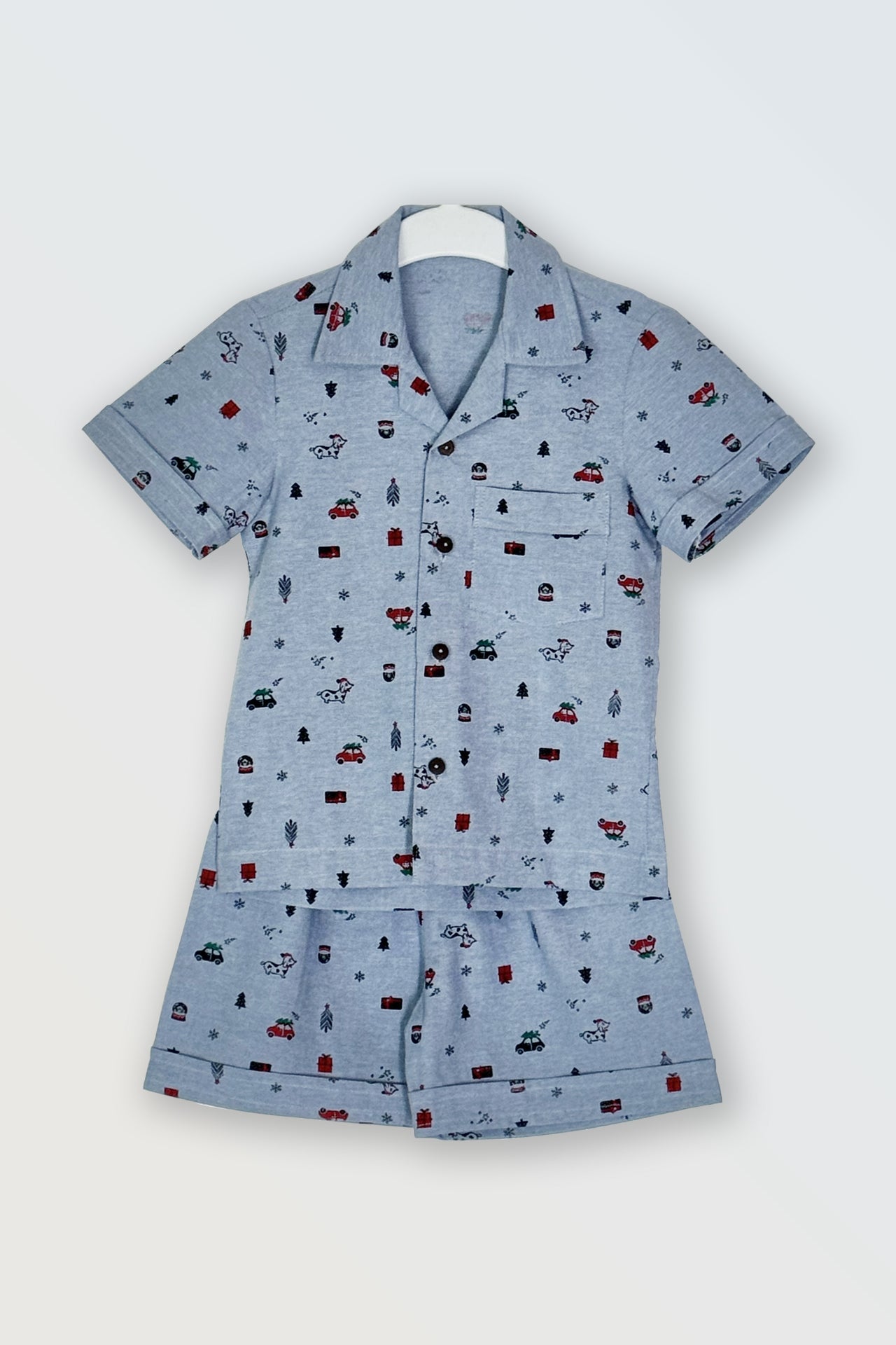 Boys blue collared co-ord set flat lay showing matching shirt and shorts