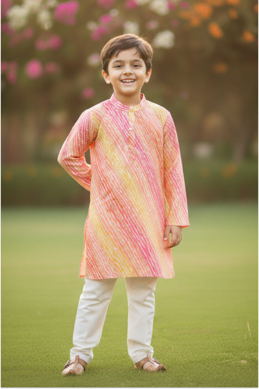 Boy wearing holi outfit multicolor leheriya print kurta with white pajama — kids ethnic festive wear