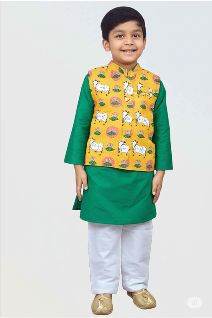 Boy wearing pichwai print ethnic jacket set with green kurta and white pyjamas - traditional Indian wear