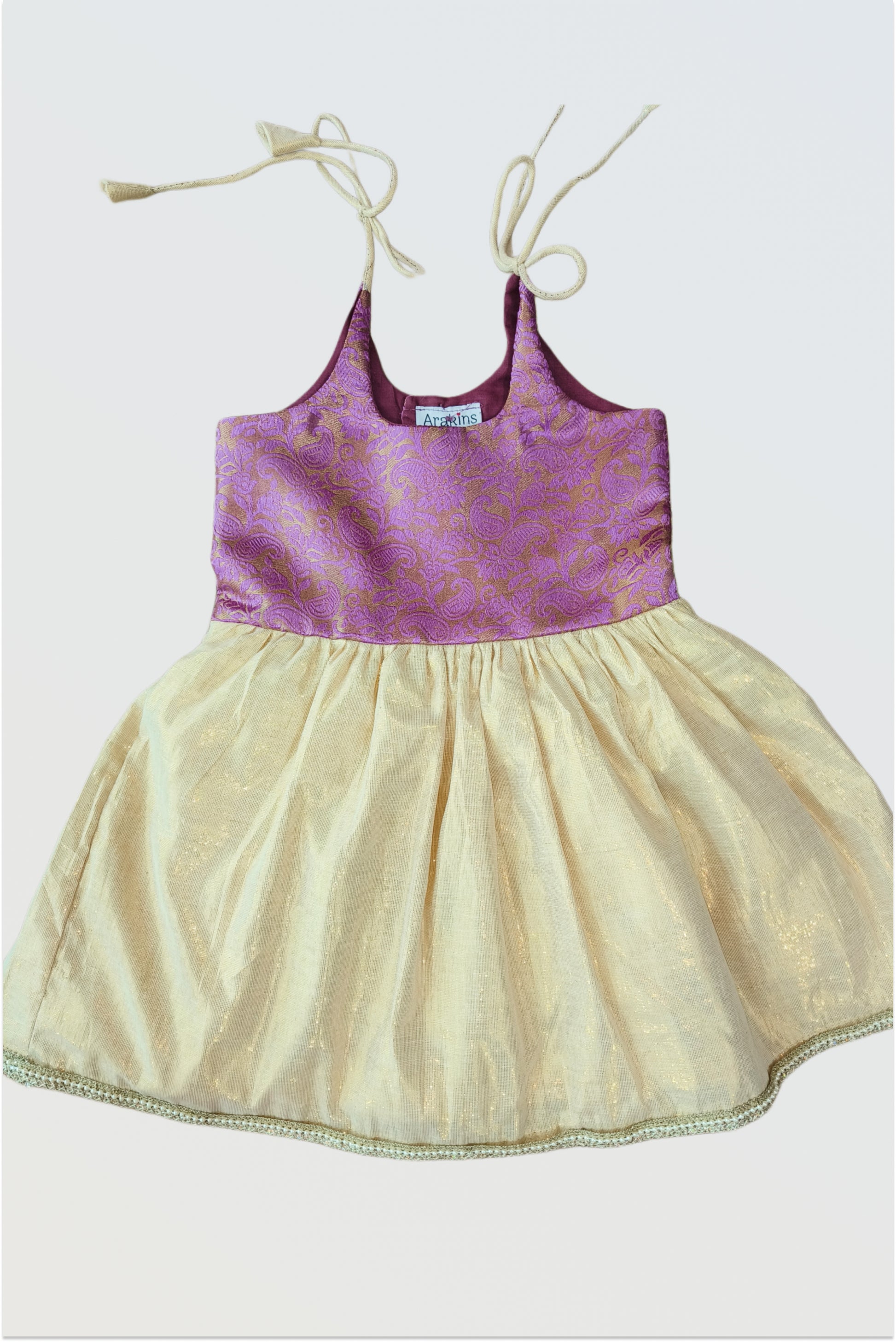 Brocade pink tie-up frock for baby girls with paisley motifs - traditional ethnic dress