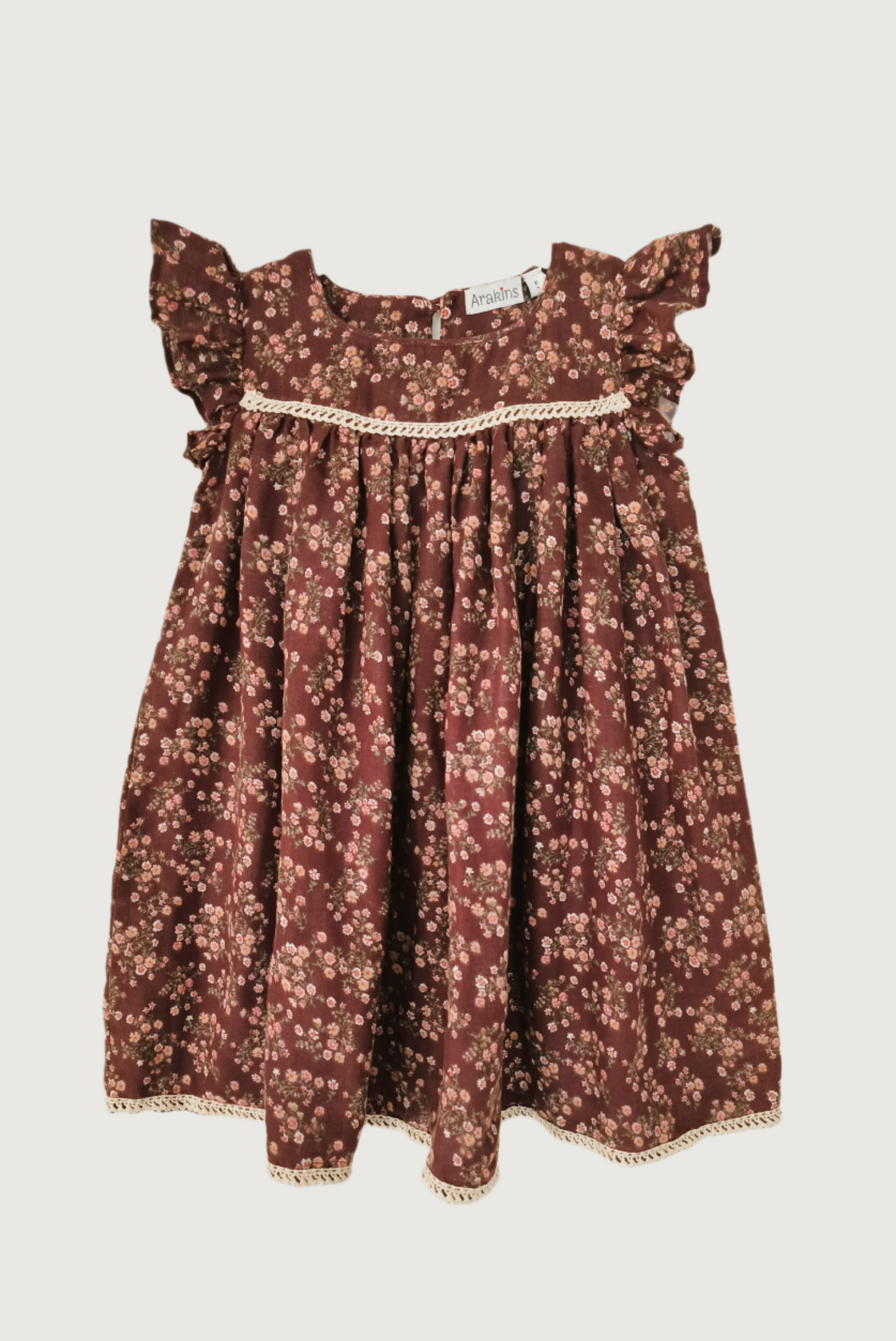 Brown floral flutter sleeve dress flat lay showing empire waist and crochet lace detailing