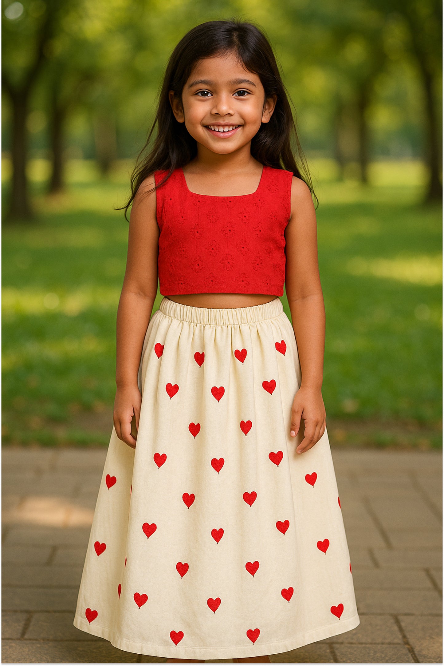 Girl wearing Dil Se heart lehanga set with red hakoba choli and embroidered hearts