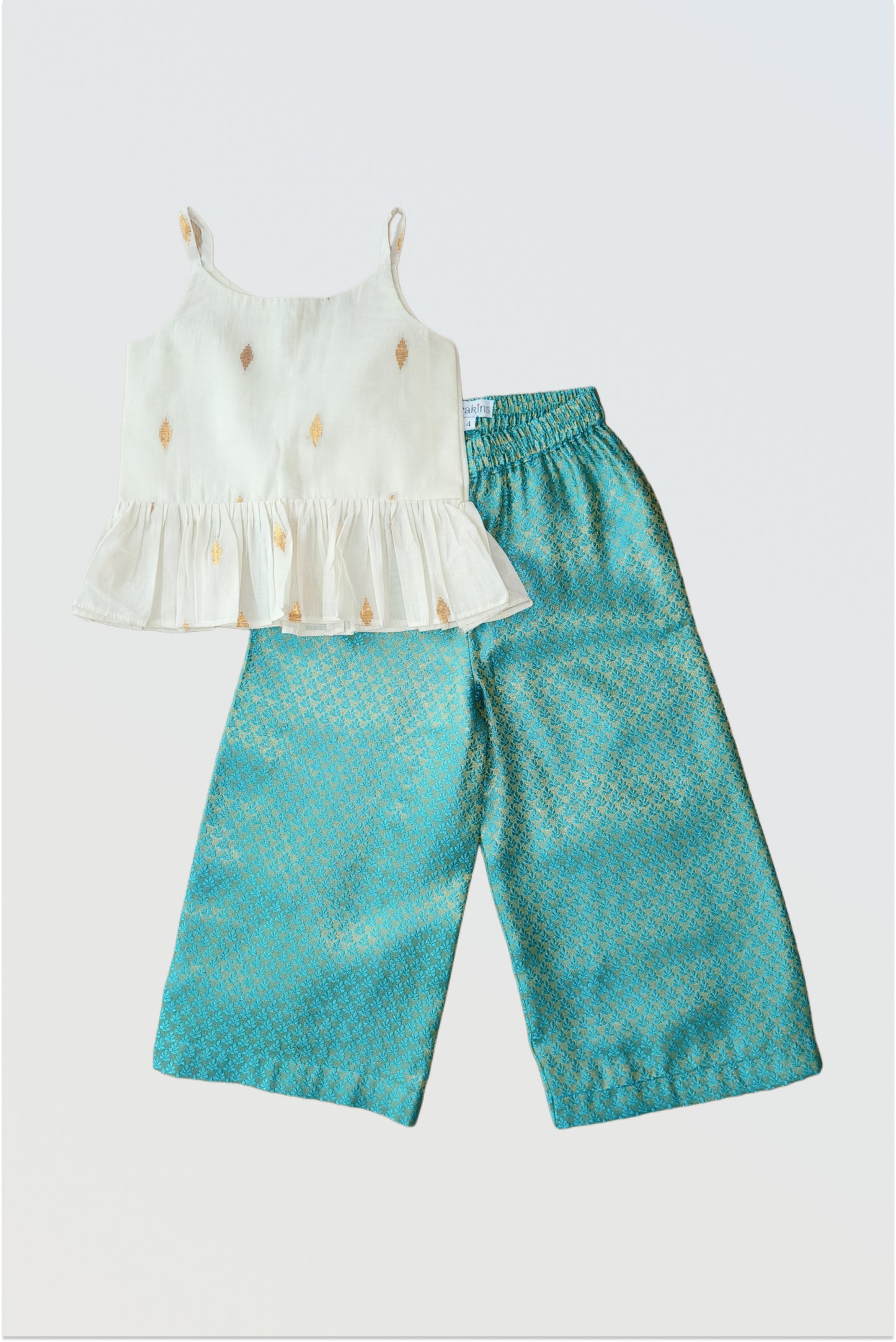 Kids girls ethnic palazzo set with kasavu strappy top and teal brocade wide pants, comfortable festive outfit by Arakins