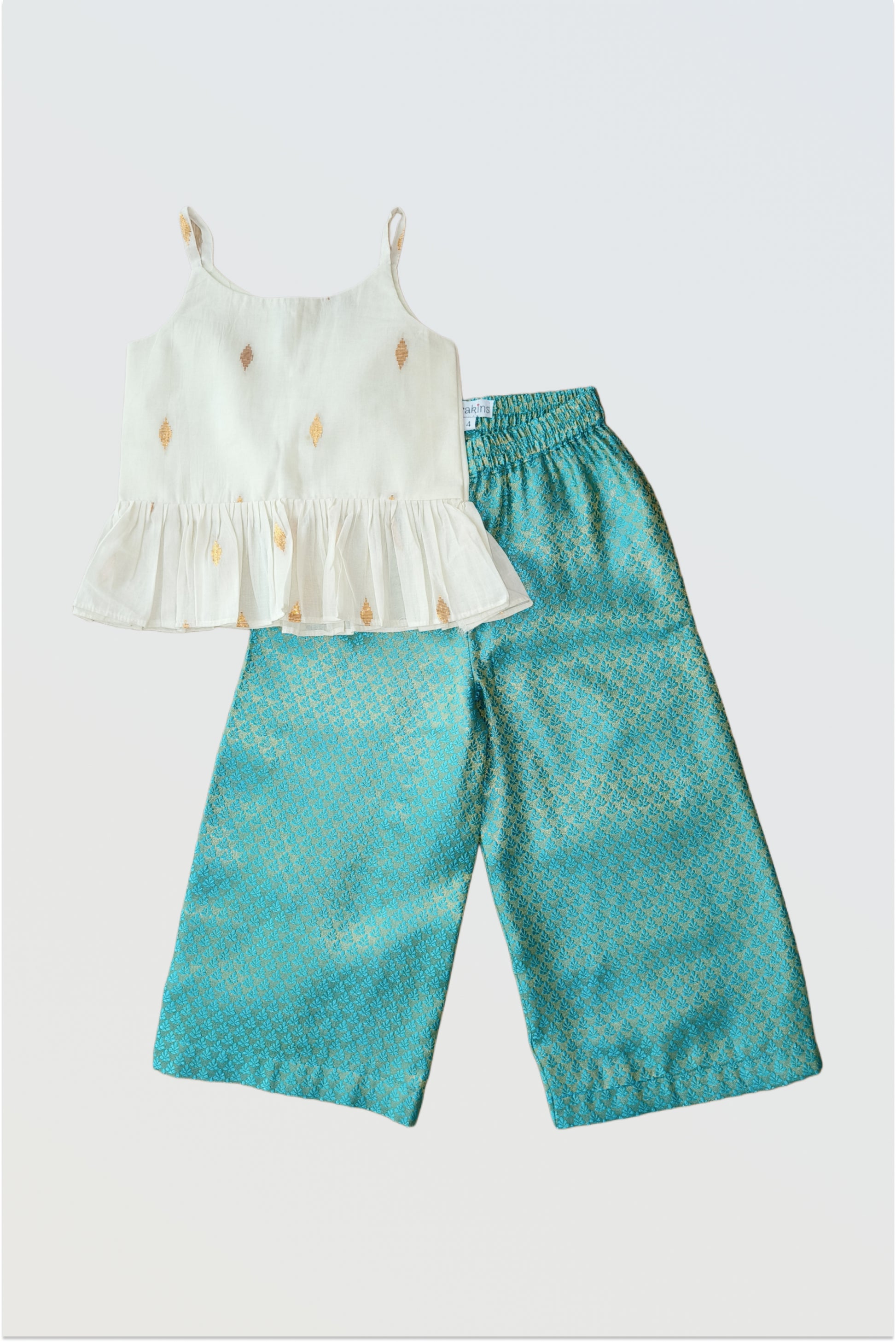 Kids girls ethnic palazzo set with kasavu strappy top and teal brocade wide pants, comfortable festive outfit by Arakins