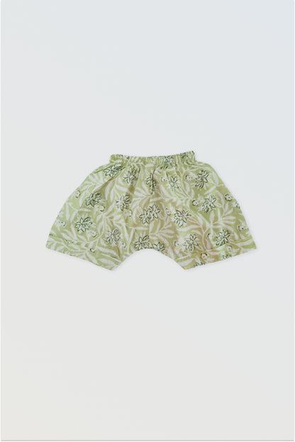 Green Jaipur cotton shorts with elastic waist for girls summer co-ord set