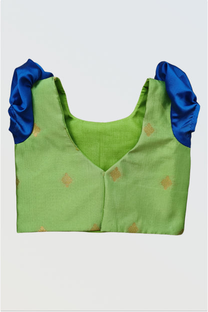 Green art silk pavadai skirt showing semi-elasticated waist and cotton lining