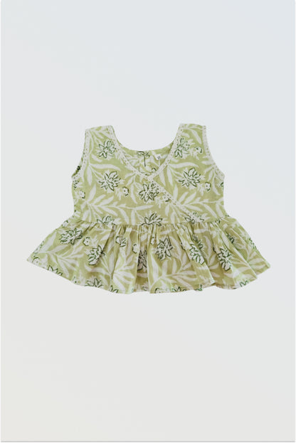 Green ruffled sleeveless top with lace neckline detail for girls summer co-ord set