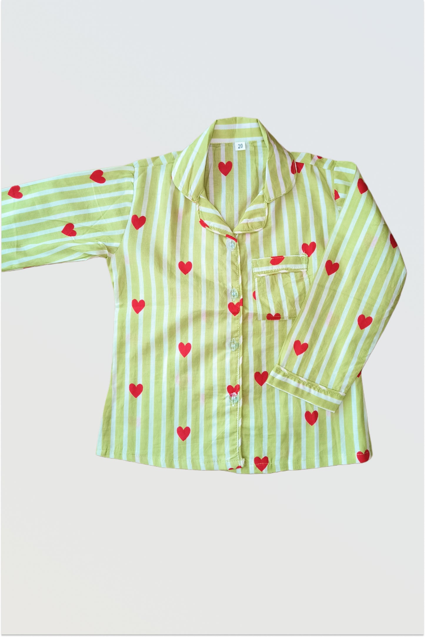 Green striped pyjama top with red hearts print and button front closure for kids
