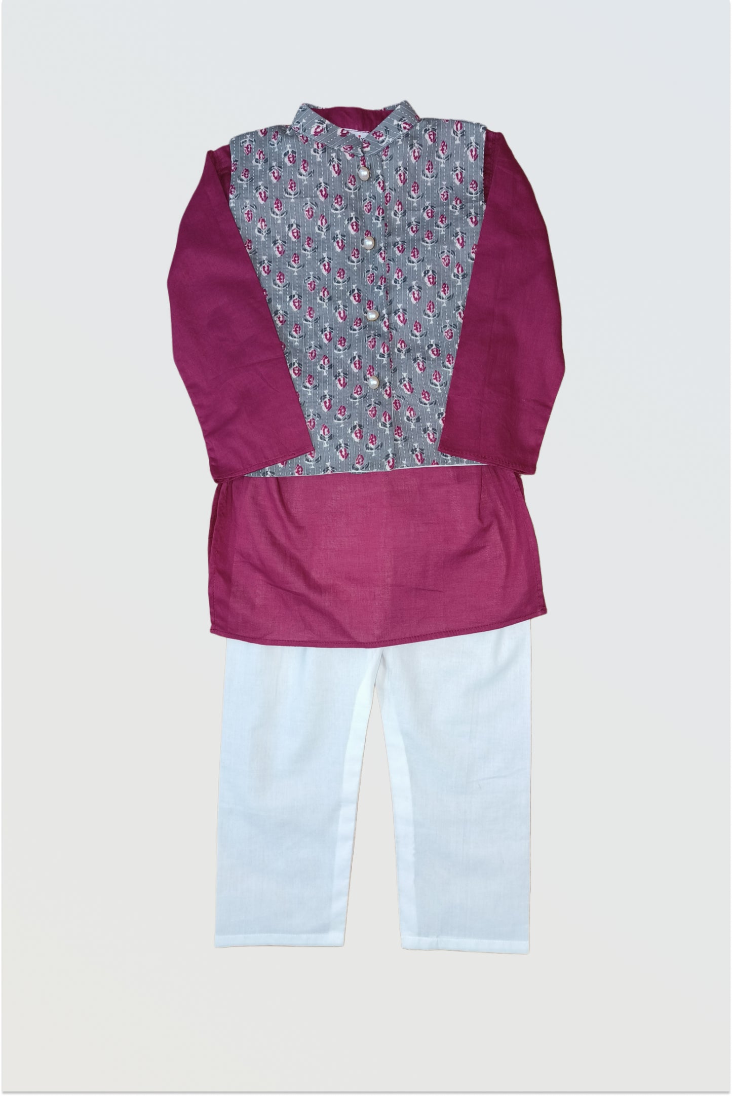 Boy wearing grey block printed ethnic jacket set with kantha embroidery, wine kurta and white pyjama set