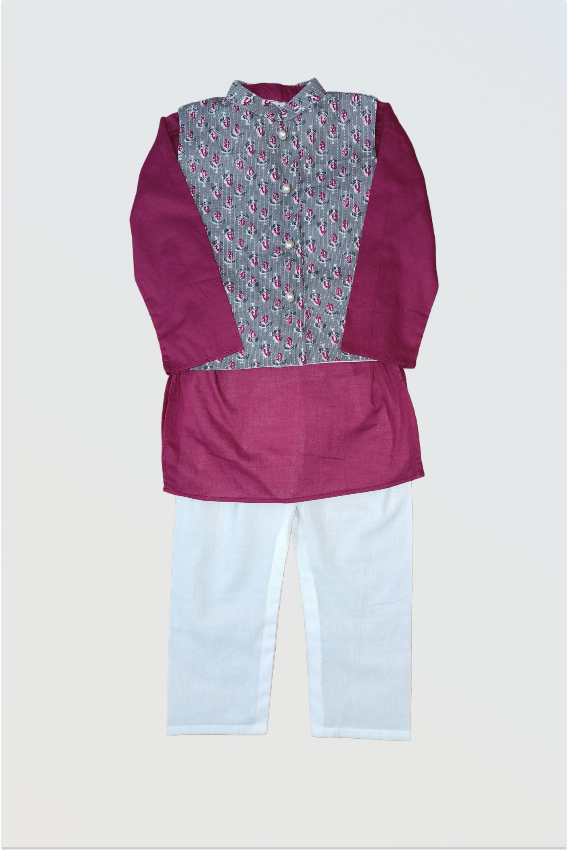 Boy wearing grey block printed ethnic jacket set with kantha embroidery, wine kurta and white pyjama set