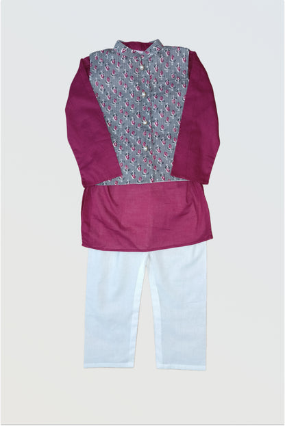 Boy wearing grey block printed ethnic jacket set with kantha embroidery, wine kurta and white pyjama set