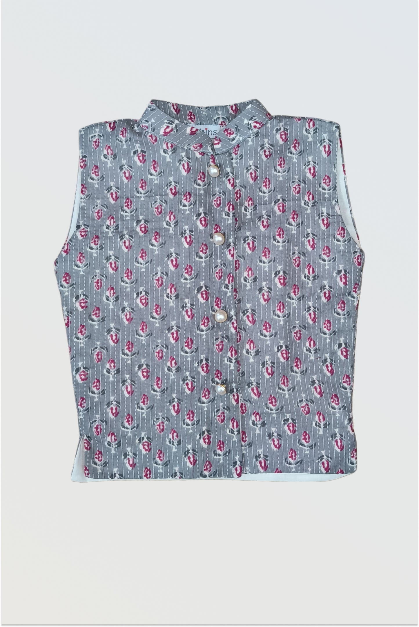 Front view of grey block printed jacket with traditional kantha embroidery all over