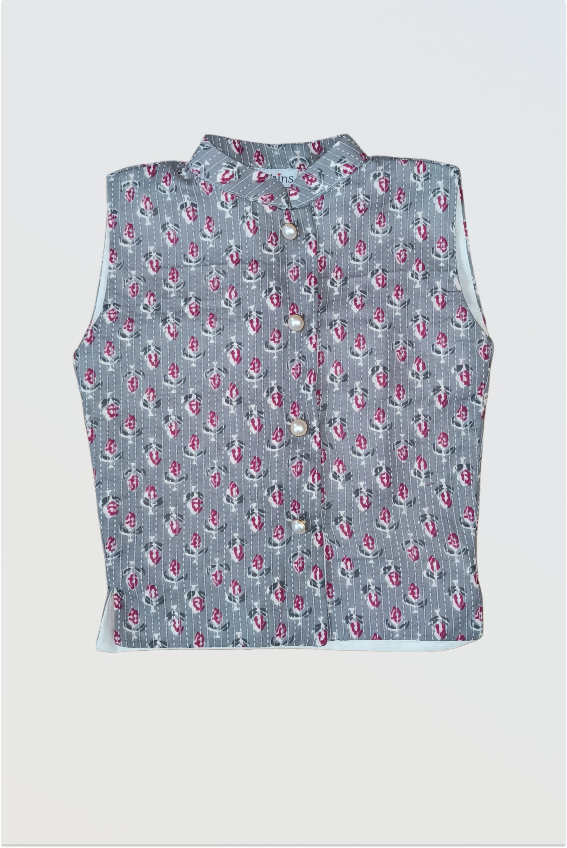 Front view of grey block printed jacket with traditional kantha embroidery all over