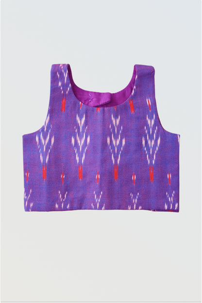 Ikat sleeveless choli front view showing traditional geometric weave pattern