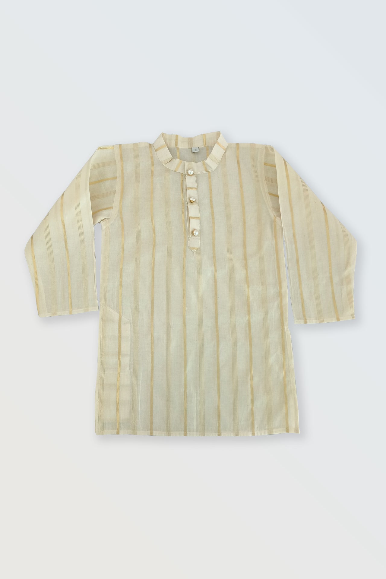 Kasavu kurta front view showing golden lurex borders and decorative buttons