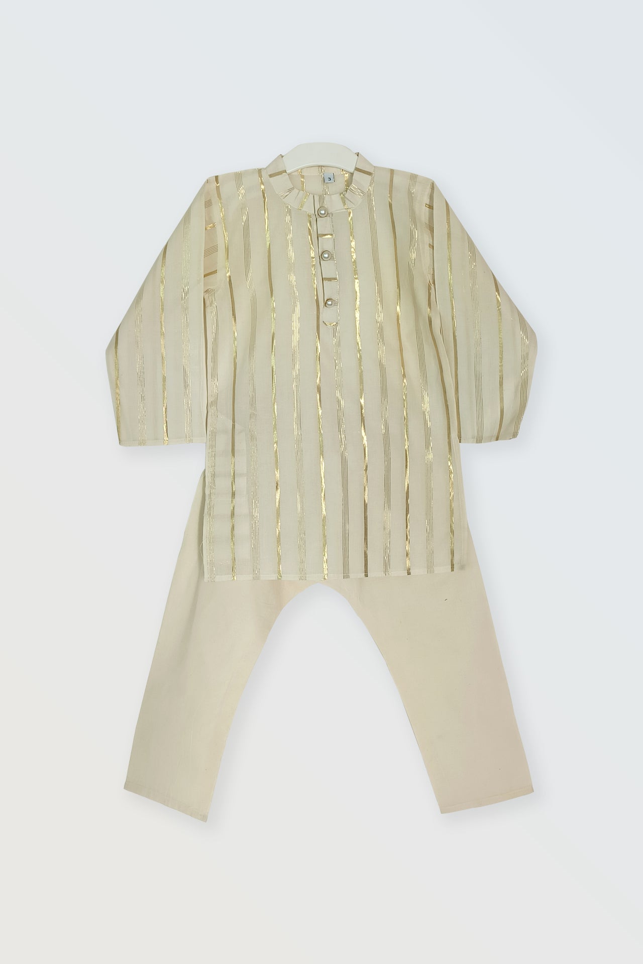 Kasavu kurta pyjama set flat lay showing off-white cotton with golden lurex stripes