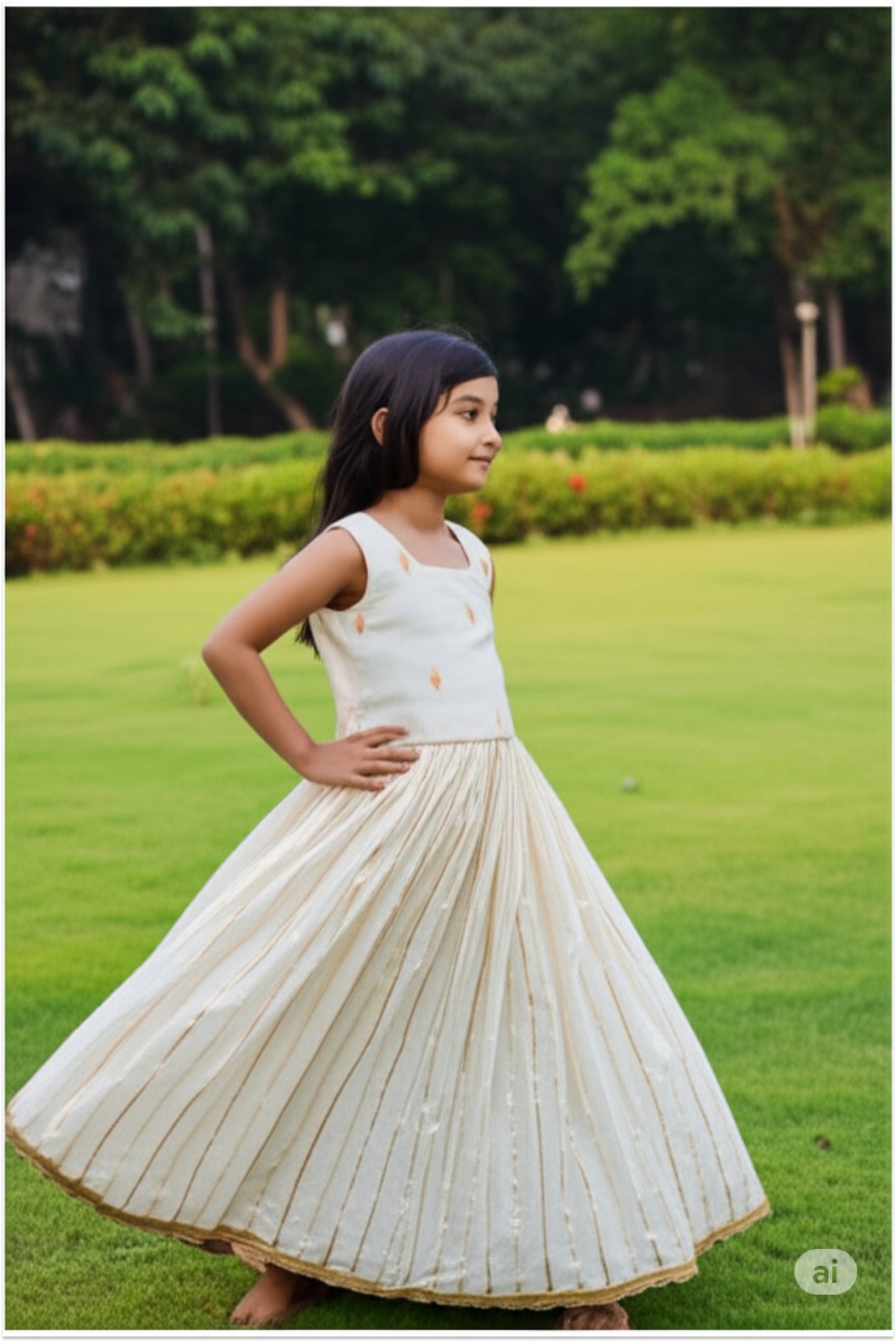 Girl wearing traditional kasavu lehanga set with bow back choli - Kerala Onam outfit