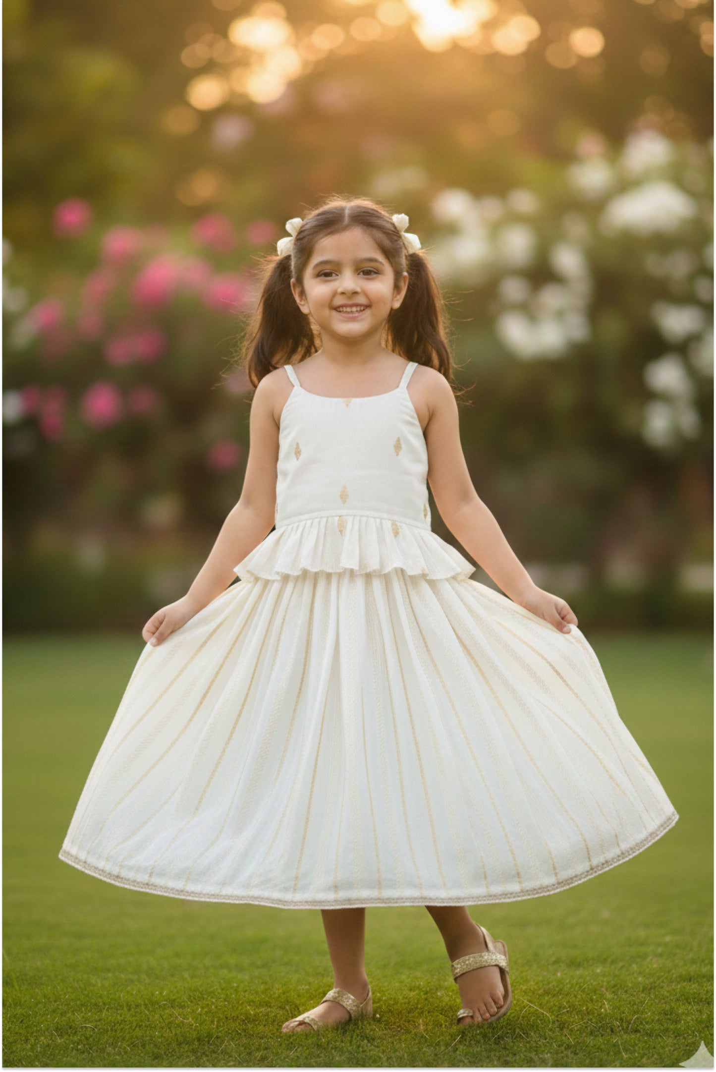 Girl wearing traditional kasavu lehanga set for Onam festival - Kerala ethnic wear by Arakins