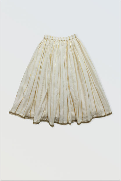 Traditional kasavu lehanga skirt flat lay showing full flare and golden border - Kerala ethnic wear