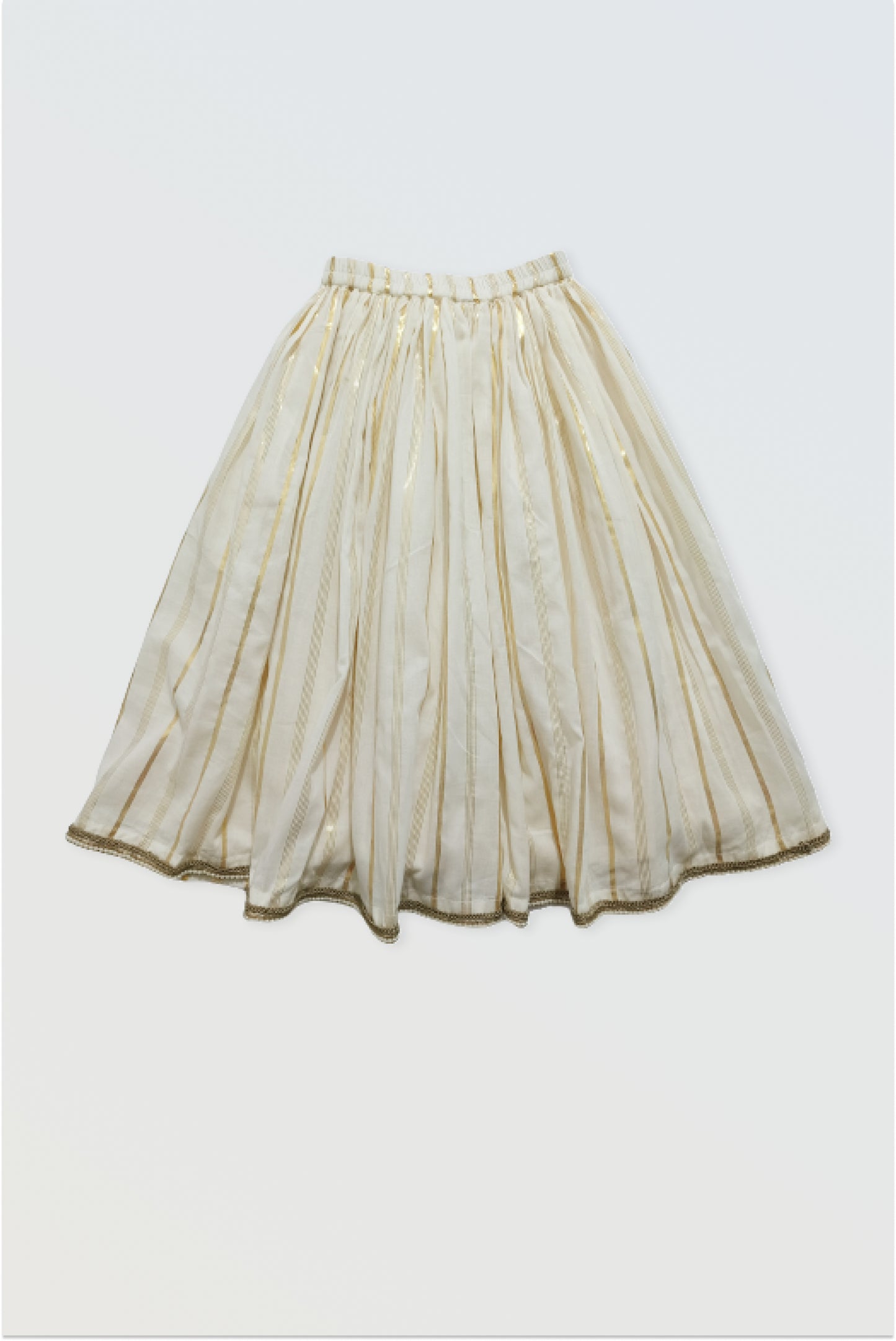 Kerala kasavu lehanga skirt flat lay showing golden lurex stripes and lace hem detail