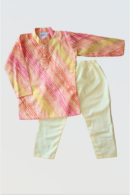 Lehariya print kurta with golden foil accents flat lay showing vibrant yellow orange pink colors