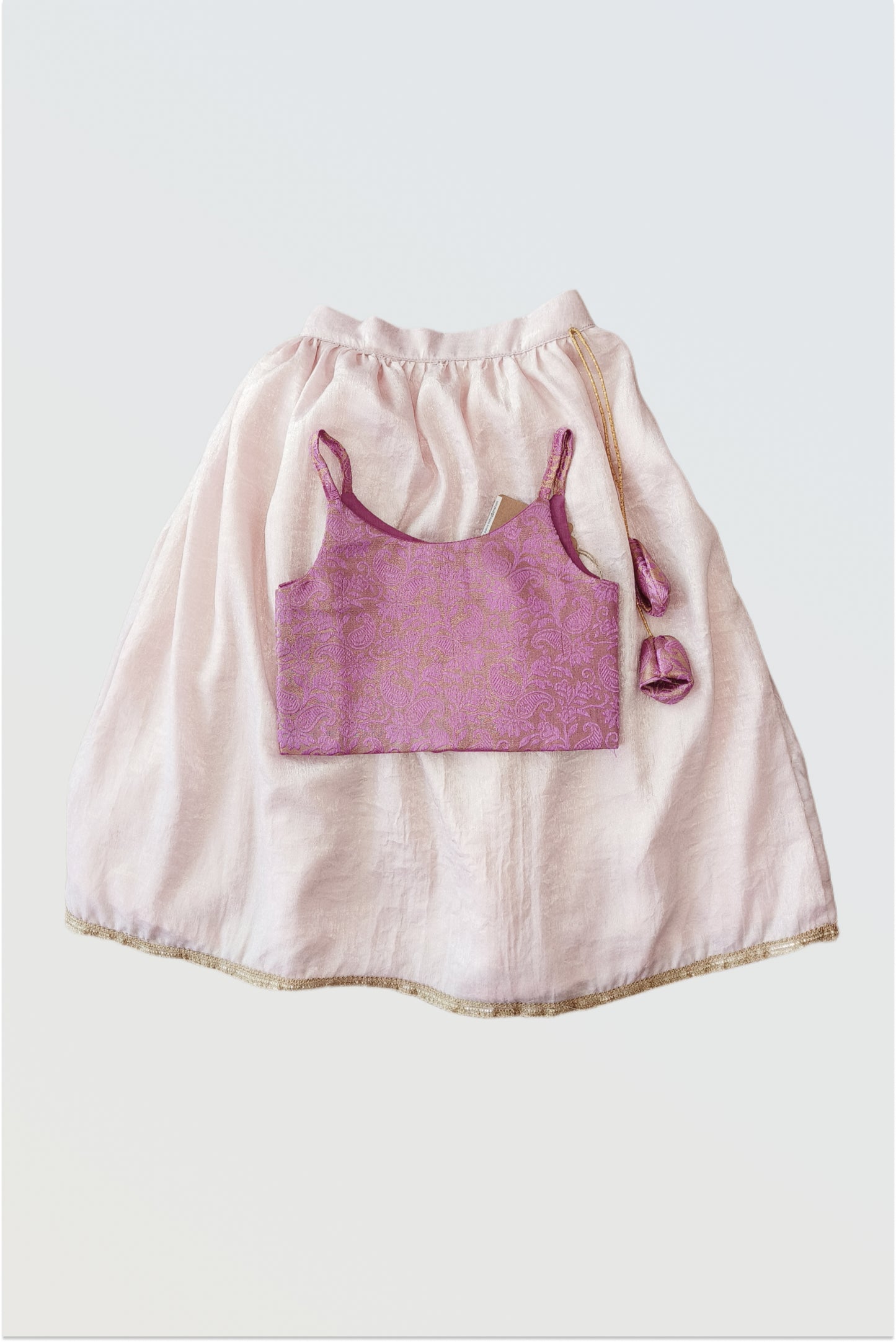 Lilac purple brocade choli front view with gold detailing for girls lehanga set