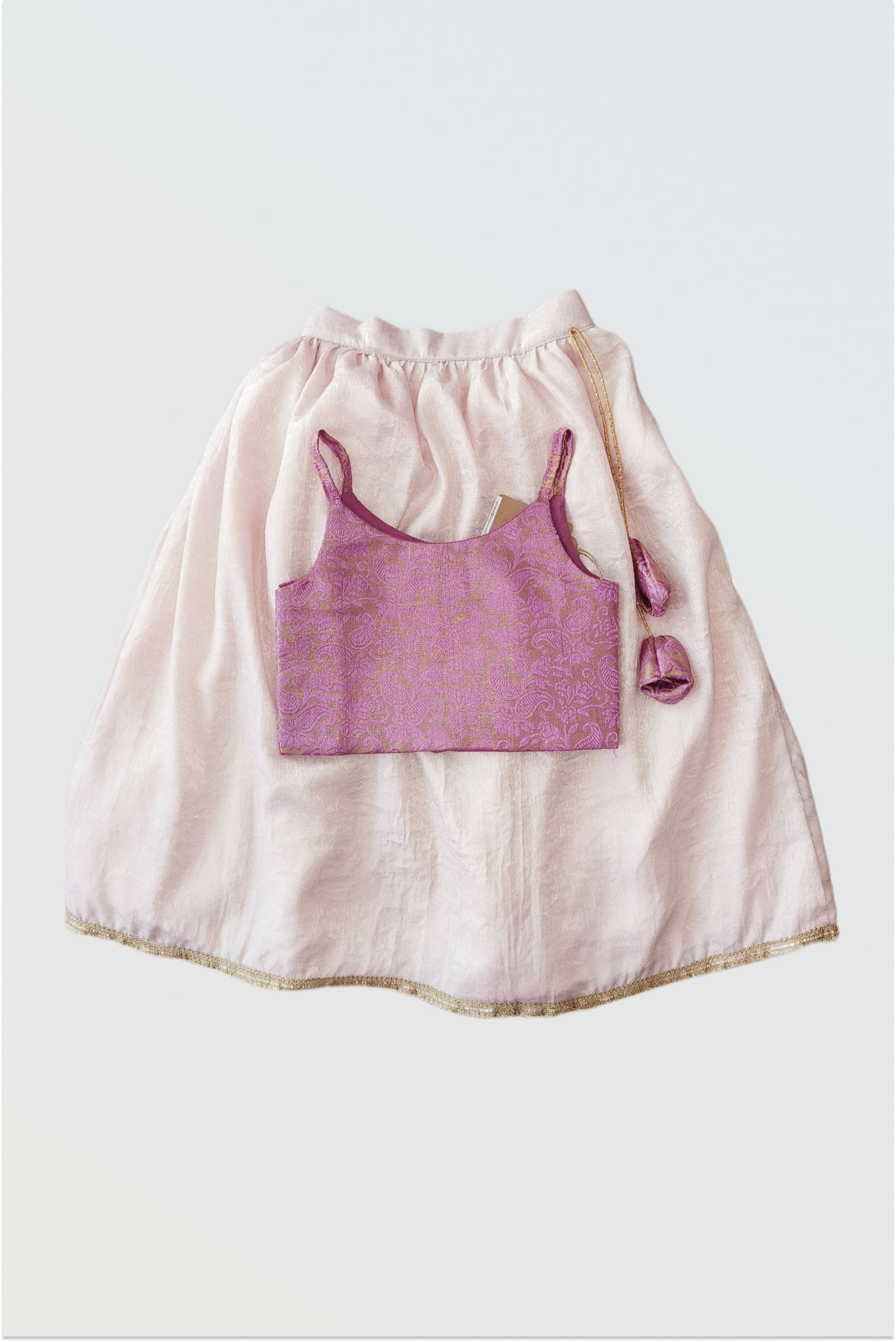 Lilac purple brocade choli front view with gold detailing for girls lehanga set