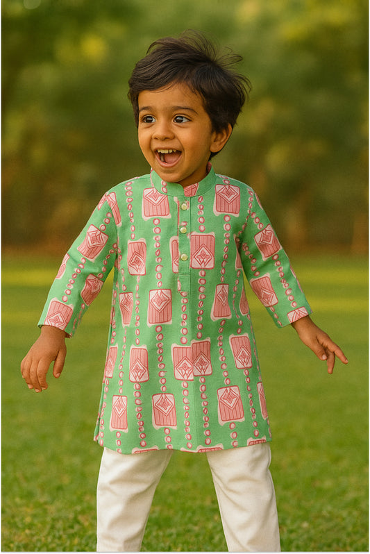 Boy wearing mint green kurta pyjama set with pink block prints - modern ethnic wear