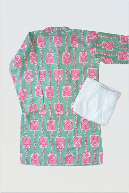 Back view of mint bloom kurta showing block print pattern and hook closure