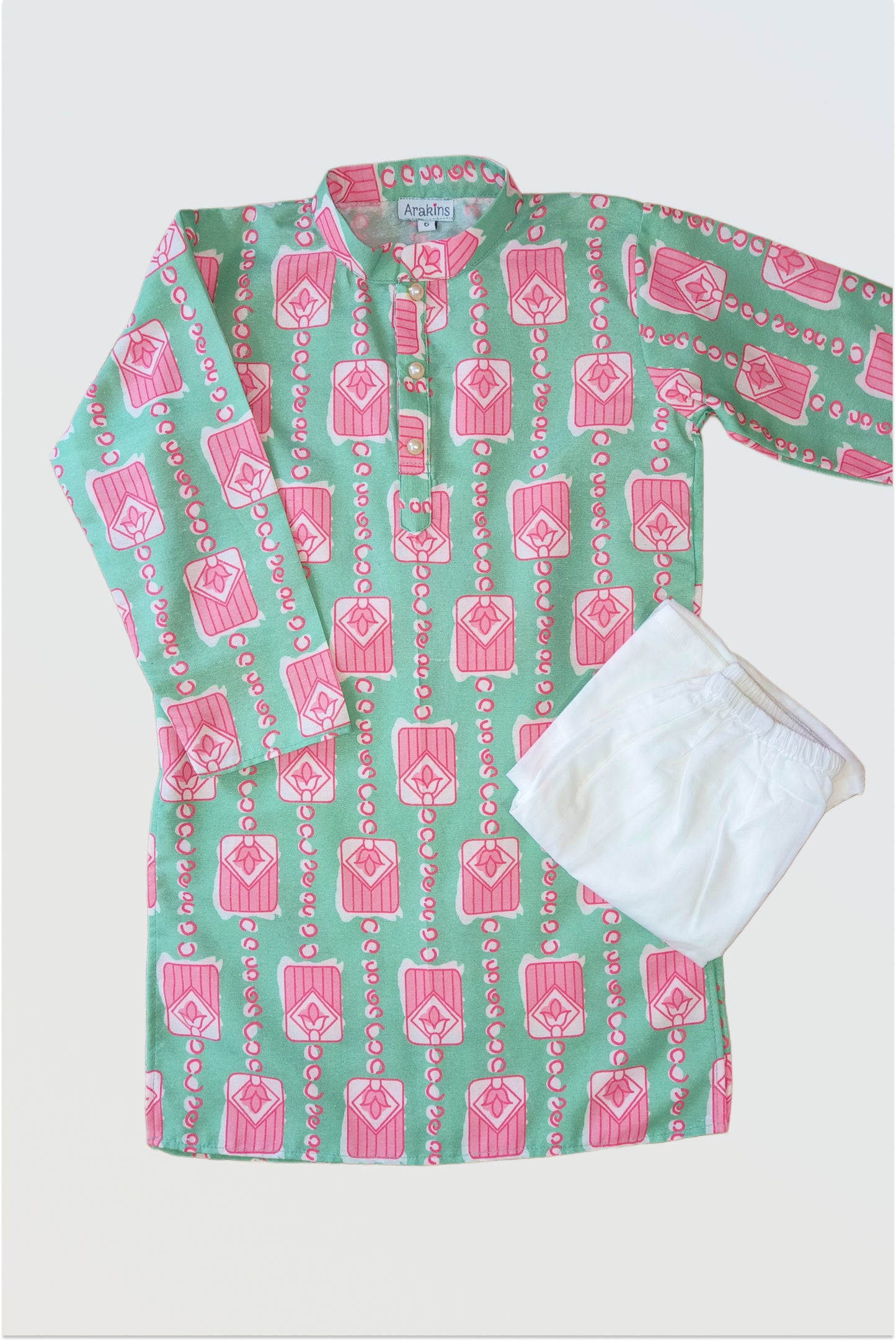 Mint bloom kurta pyjama set flat lay showing mint green kurta with pink prints and white pyjamas