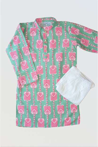 Mint bloom kurta pyjama set flat lay showing mint green kurta with pink prints and white pyjamas