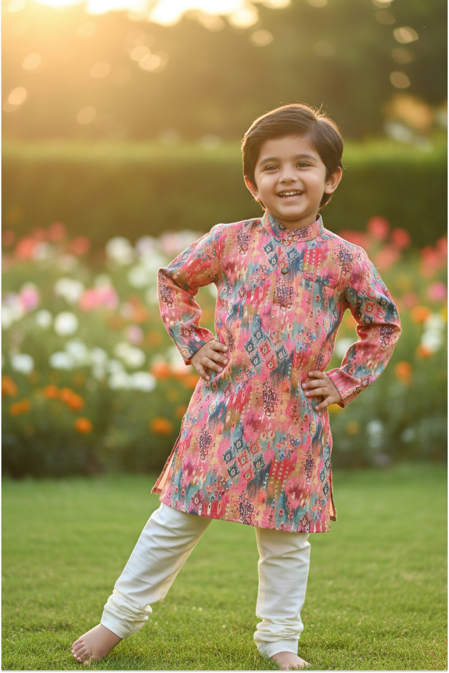 Vibrant multicolor printed kurta with off-white pyjama - festive ethnic outfit for kids