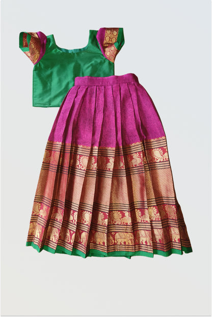 Narayanpet handloom pleated lehanga set flat lay showing art silk blouse and cotton skirt