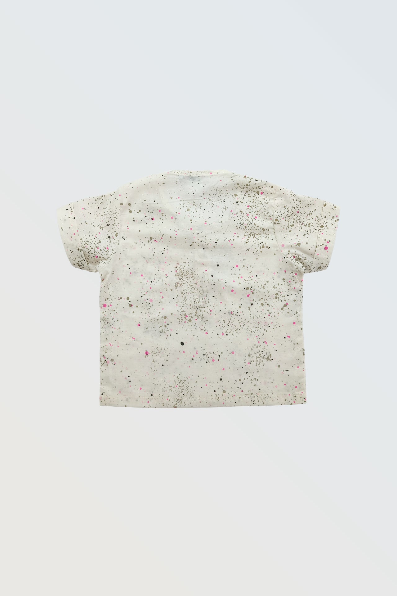 Back view of white paint dots cotton shirt for kids showing colorful dot print
